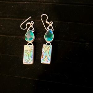 Elegant Silver and Green With Abalone Shell Drop Earrings